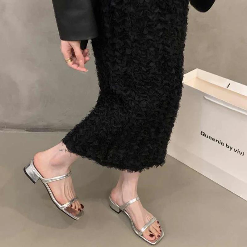 Summer Leopard Square Toe Women Slippers Elegant Low Heel Slide Ladies Outdoor Beach Dress Sandalias