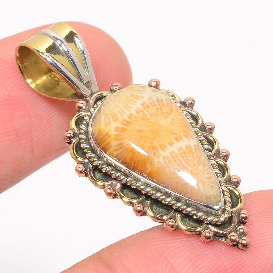 Natural Fossil Coral TwoTone 925 Solid Sterling Silver Gift Pendant 1.50" R9Q98