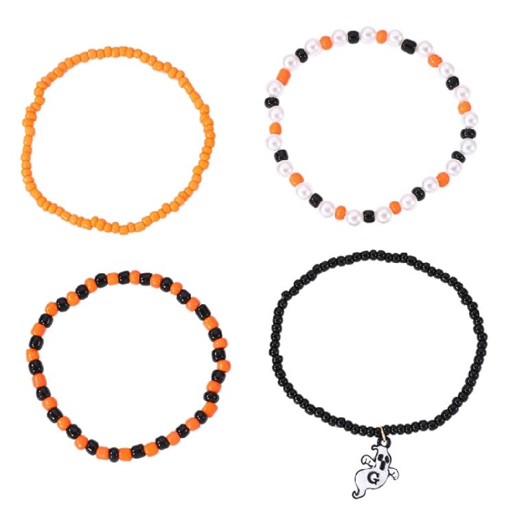 

2/3/4pcs Halloween Beaded Bracelets for Women Girls Skull Bat Pendant Bangle