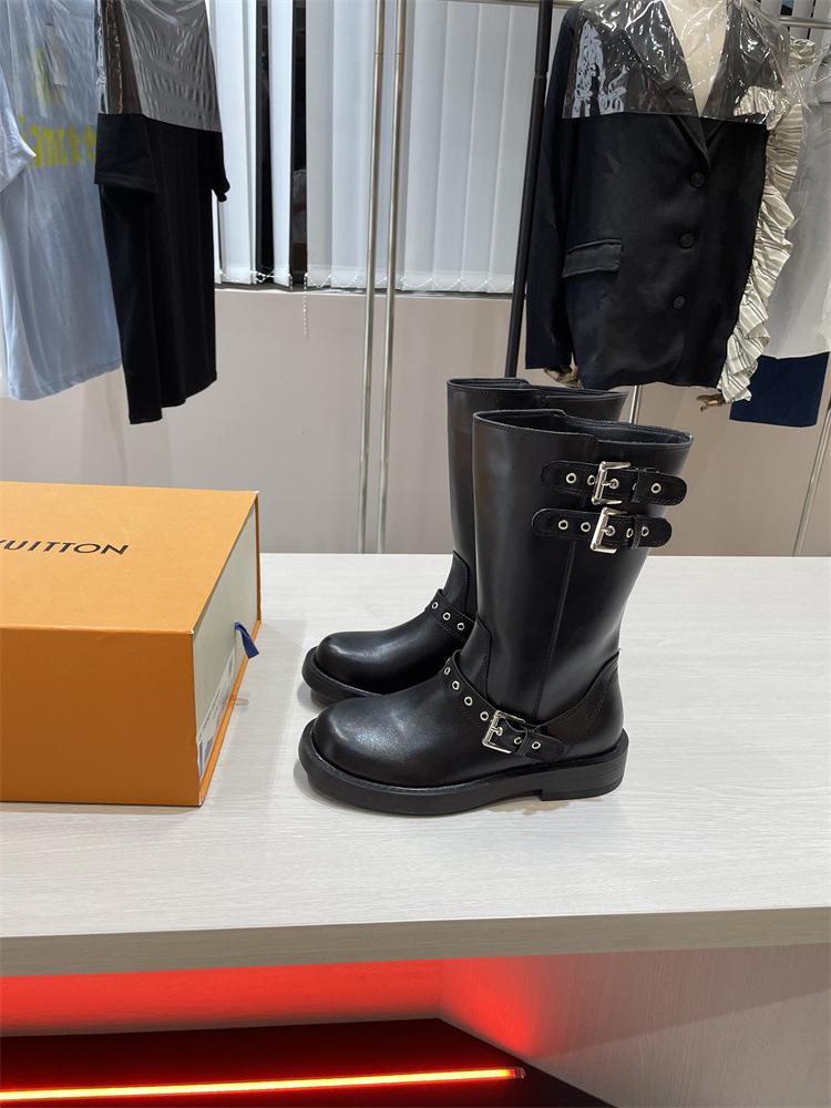 Martin Boots Women's Spring and Autumn Belt Buckle Round Head Knight Boots Retro Metal Short Boots Western Cowboy Platform Leather Boots