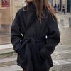 Womens Wool Blend Coat Winter Solid Color Half Turtleneck Belted Outerwear Street Style Regular Fit