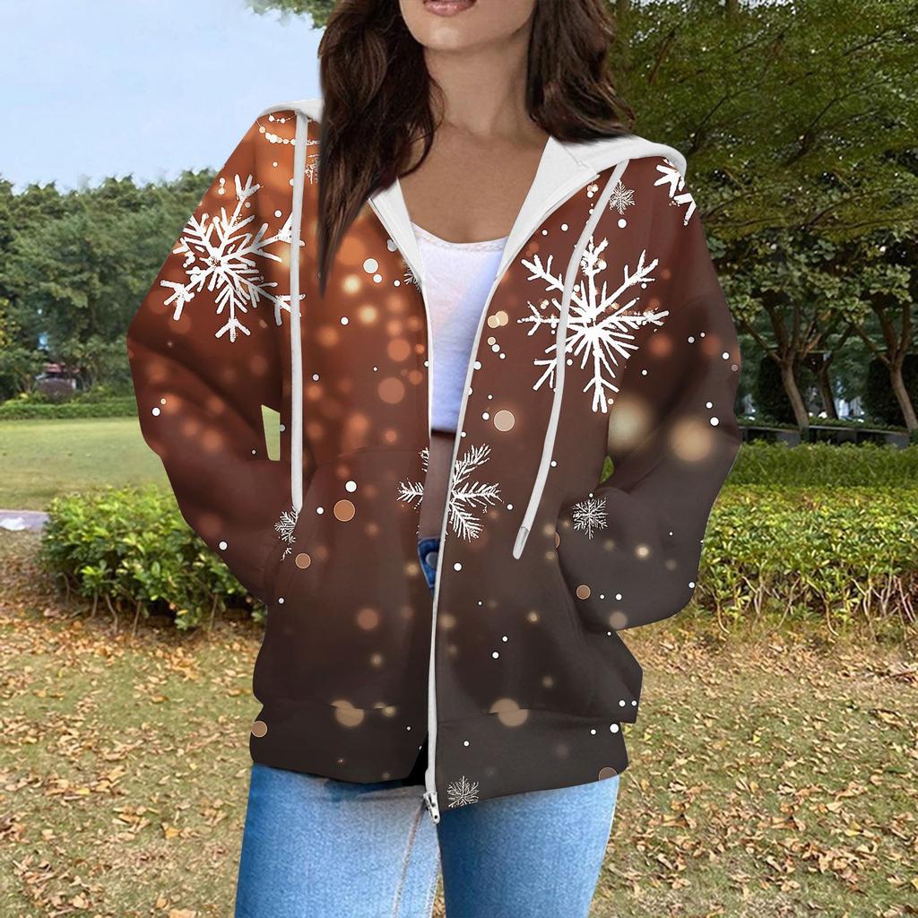 Women's Fashion Casual Christmas Print Long Sleeve Sweatshirt Pocket Jacket Zipper Hoodie Coat