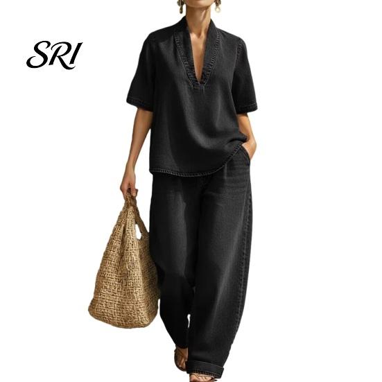 Loose Fit Summer Clothes Women's 2 Piece Denim Set Short Sleeve Lapel V Neck Pants And Top Wide Leg Tracksuit Casual Vacation Outfits with Pockets