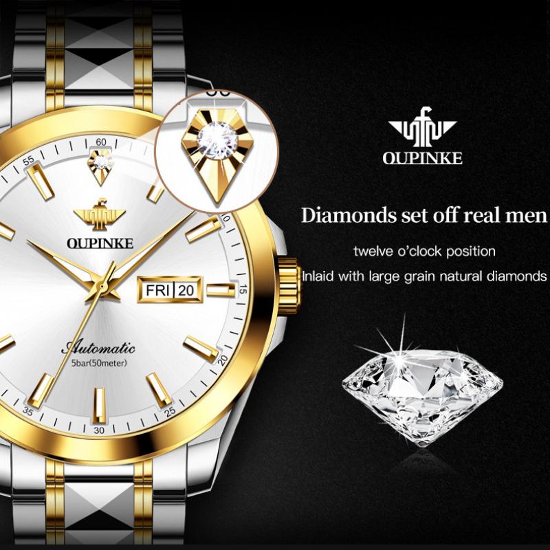 OUPINKE Montre Homme Double Calendrier Montre Mécanique Automatique Montre Diamant Haut De Gamme Étanche