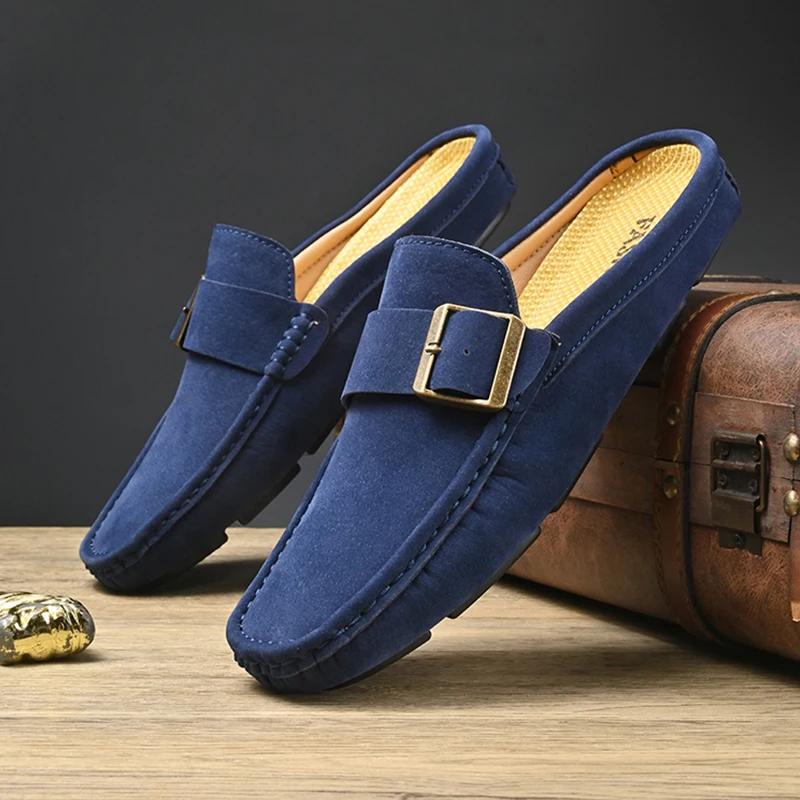 Fashion None Slip Men's Muller Shoes Suede Leather Half Shoes New Handmade Loafer Business Wedding Slippers Formal Casual Male Half Drag