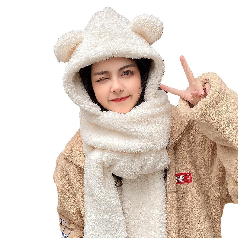 Winter Bear Earmuffs Scarf Mittens Set Thermal Plush Fleece Lined Connected Hat with Scarf and Gloves for Cold Weather Girls