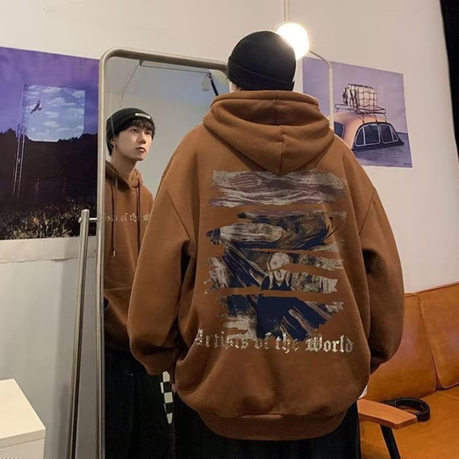 

European, Fashionable And Versatile 3D Print Hoodie For Men Comfortable Retro Hooded Sweatshirt M кавовий