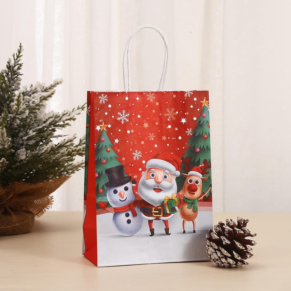 6Pcs Merry Christmas Kraft Paper Bags Santa Claus Red Paper Candy Biscuit Bags Elk Snowflake with Handle Gift Packaging Bags