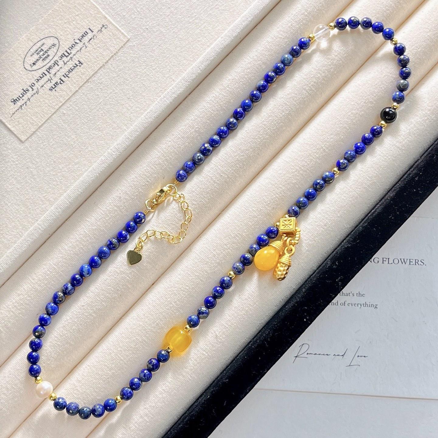 4Mm High Quality Natural Lapis Lazuli Design Sense Collarbone Chain Necklace