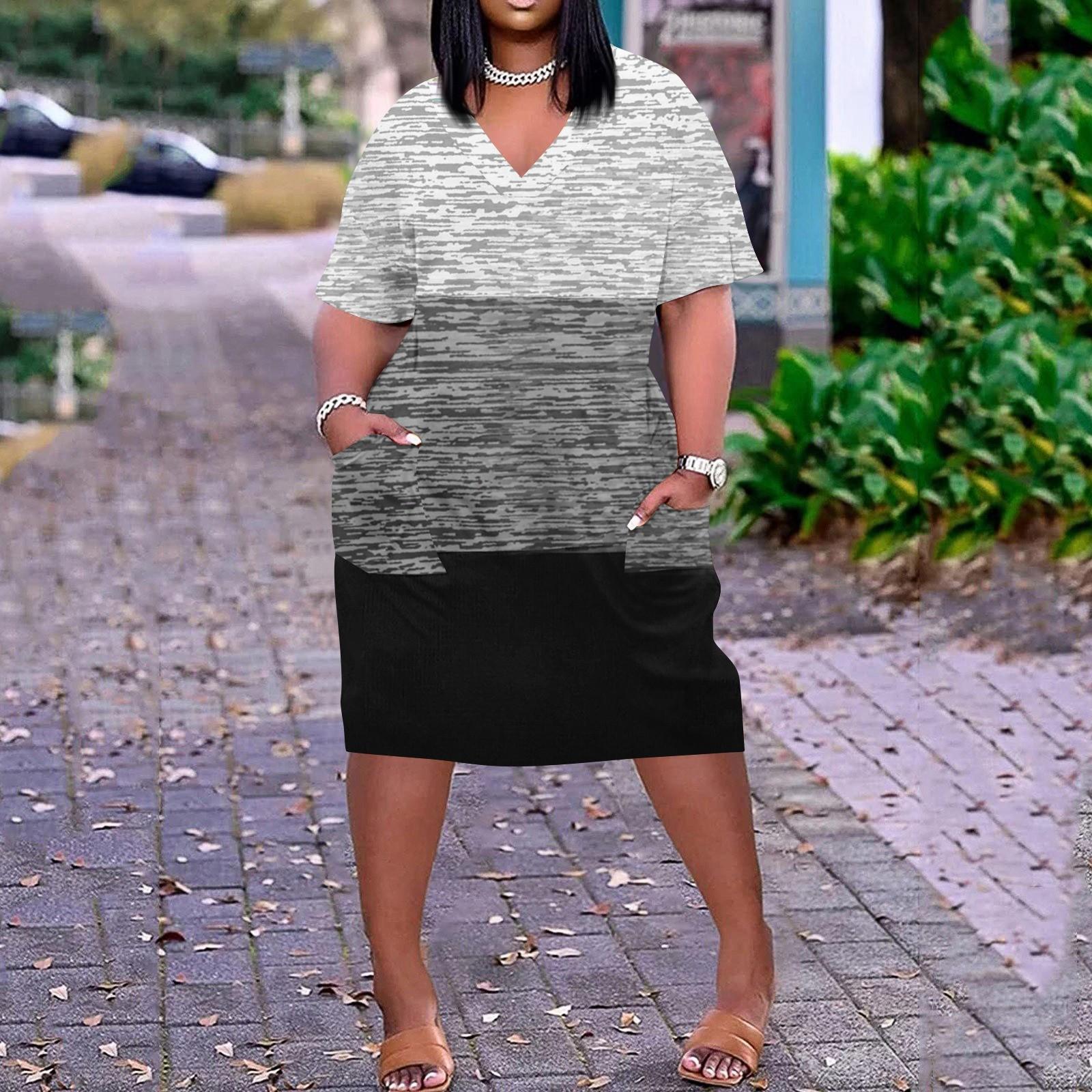 

Лето плюс размер V-образным вырезом с короткими рукавами и карманами до колена с принтами повседневное платье для женщин XXL серый