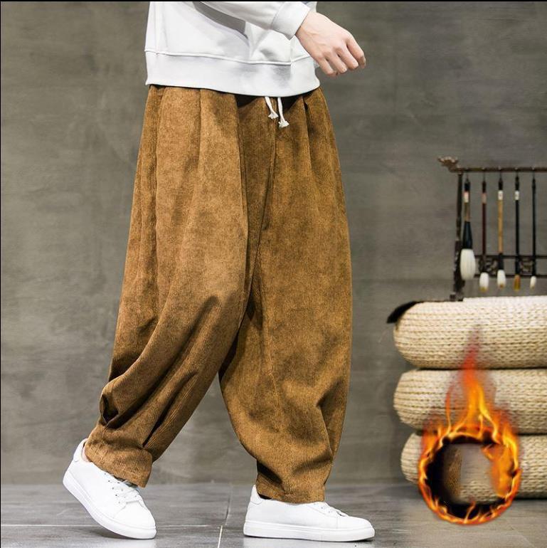 Winter Corduroy Pants Men's Solid Color Fleece Thickened Harem Sweatpants Winter Men's Warm Casual Pants