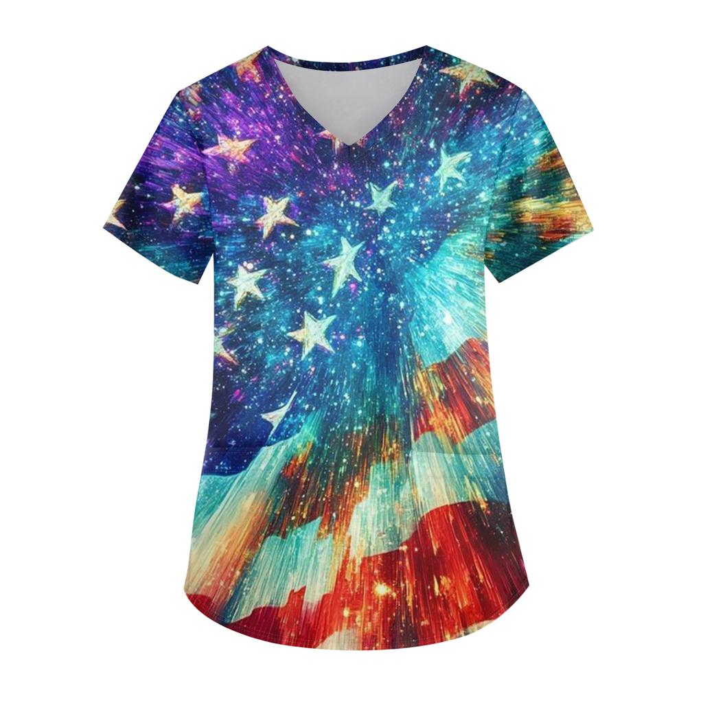 Ladies' Independence Day printed fashionable V-neck pocket short sleeved uniform and caregiver top