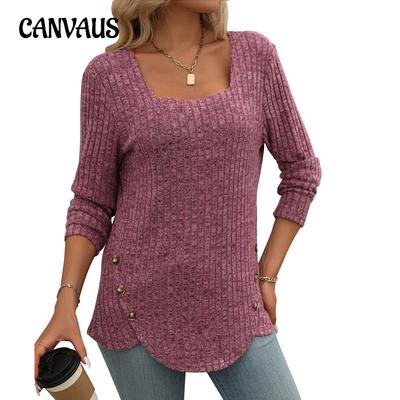 Top Autunnale da Donna con Bottoni, Scollo Quadrato, Righe Pitonate, Spazzolato Solido a Maniche Lunghe