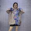 Blue Rhinestone Flower Stand Collar Sweater - Women's Plus Size, Long Sleeve, Thick Knit, 2024 Autumn/Winter Collection