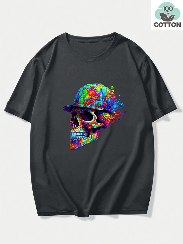 Unisexs 100 Cotton Tshirt With Neon Rainbow Skull Baseball Cap Design Casual Everyday Street Style Shortsleeved Top