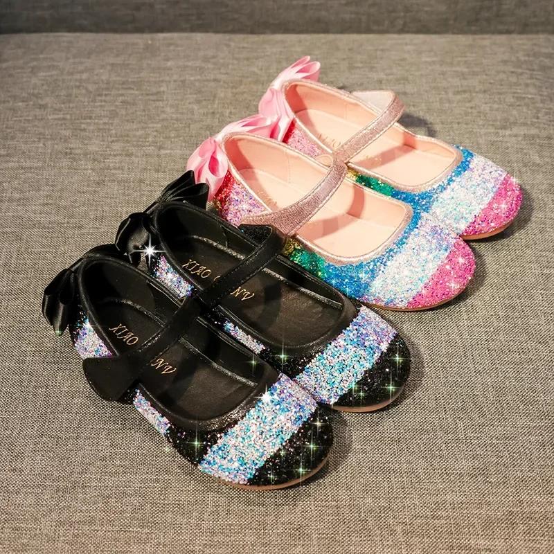 Girl Shoes Spring New Girls Soft Sole Leather Shoes Rainbow Sequins Dress Princess Shoes Kids Shoe Mary Jane Shoe Zapatos Niña