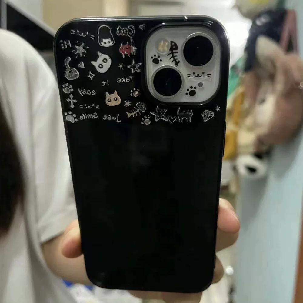 

Ins Sweet Cool Graffiti Cat Fish Bone Phone Case for iPhone 16 15 14 13 12 11 Pro Max XS XR XSMax 8 Plus Glossy HD Hard PC Cover iPhone 13