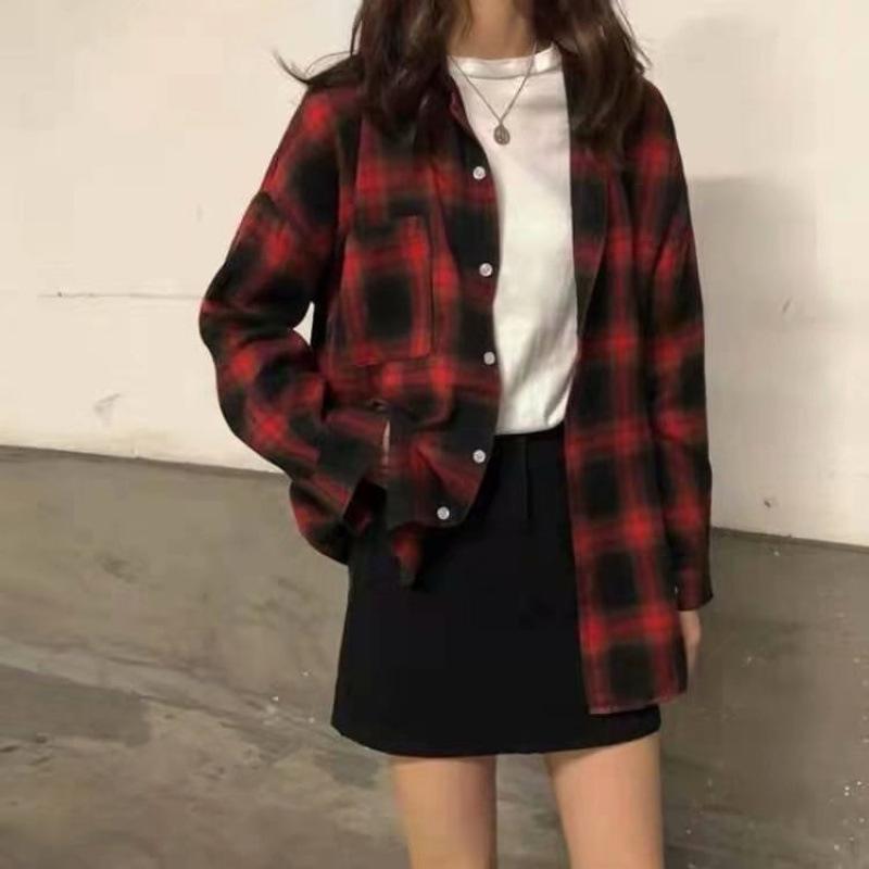 2026 Spring/Autumn Women's Korean Plaid Shirt - Loose, Retro Hong Kong Style, Trendy Long Sleeve Top