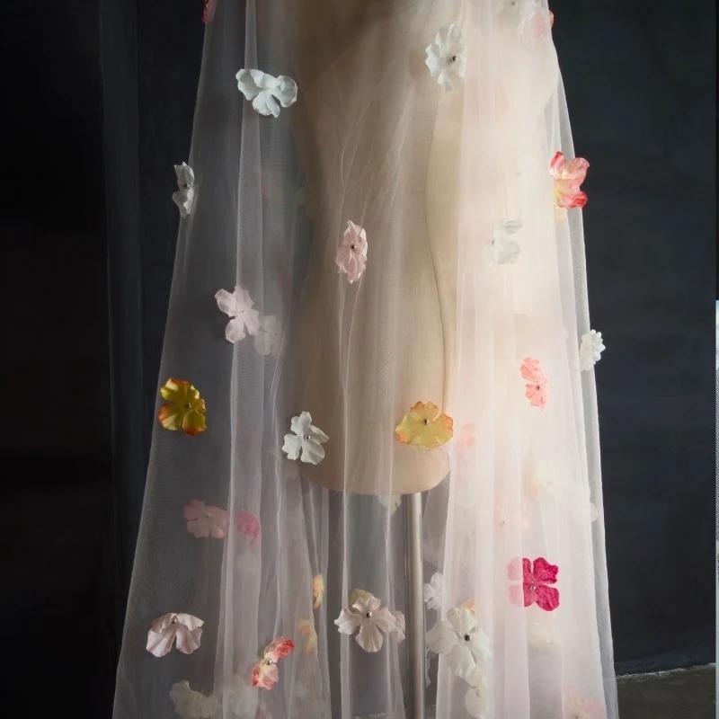 Fantasy Flower Tulle Veil Fabric Background Decoration Wedding Dress Children's Clothing 3D Flower Mesh Fabric 100x150cm