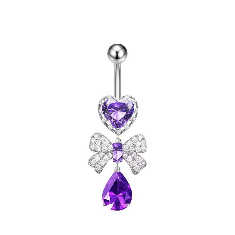 1Pcs Purple Zircon Dangle Belly Button Rings Stainless Steel Heart Butterfly Navel Piercing Long Drop Pendant Belly Ring Jewelry
