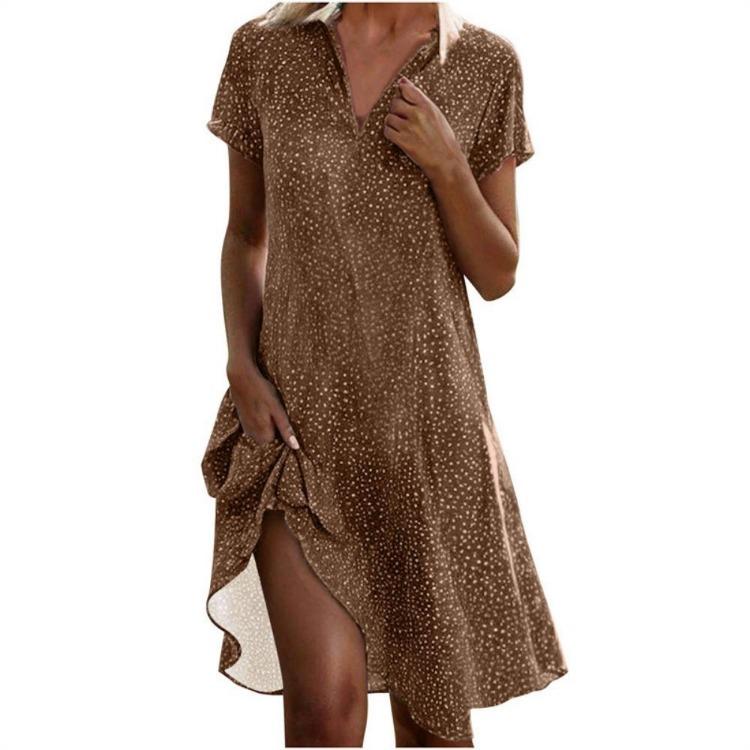 Summer Women Casual Loose Fit V Neck Short Sleeve Printed Long Dress for Outdoor Fashion