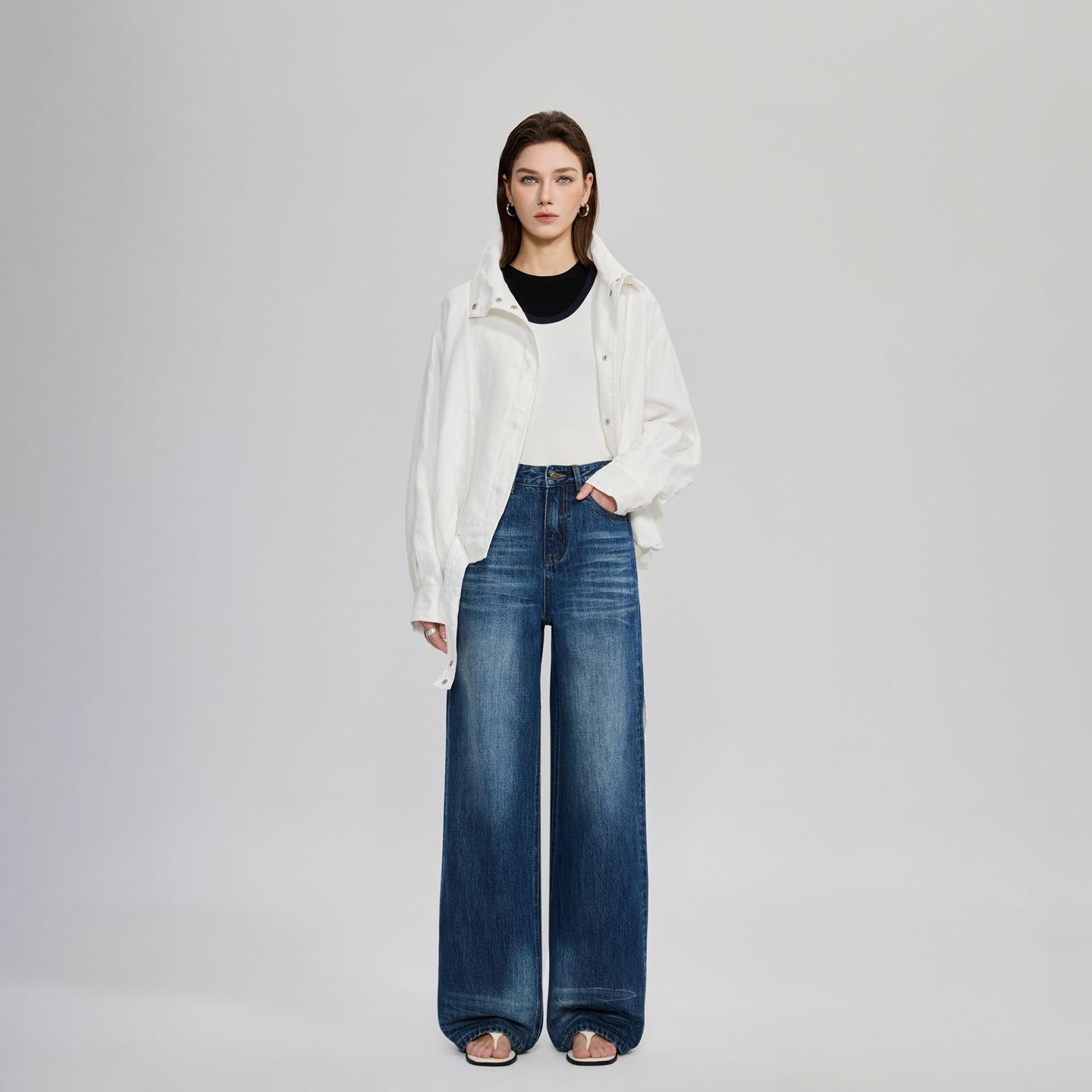 

Women s Shi Lin Wide-Leg Jeans - 2026 Spring High-Quality, Non-Stretch Denim, High-Waisted, Straight Fit 28 темно-синий