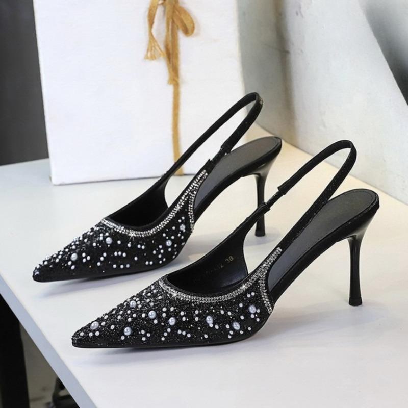 Shiny Sequin Pearl Wedding Women Pumps Luxury  Evening Party Slingbacks Slip on Sexy Pointed Toe High Heeled Female Shoes