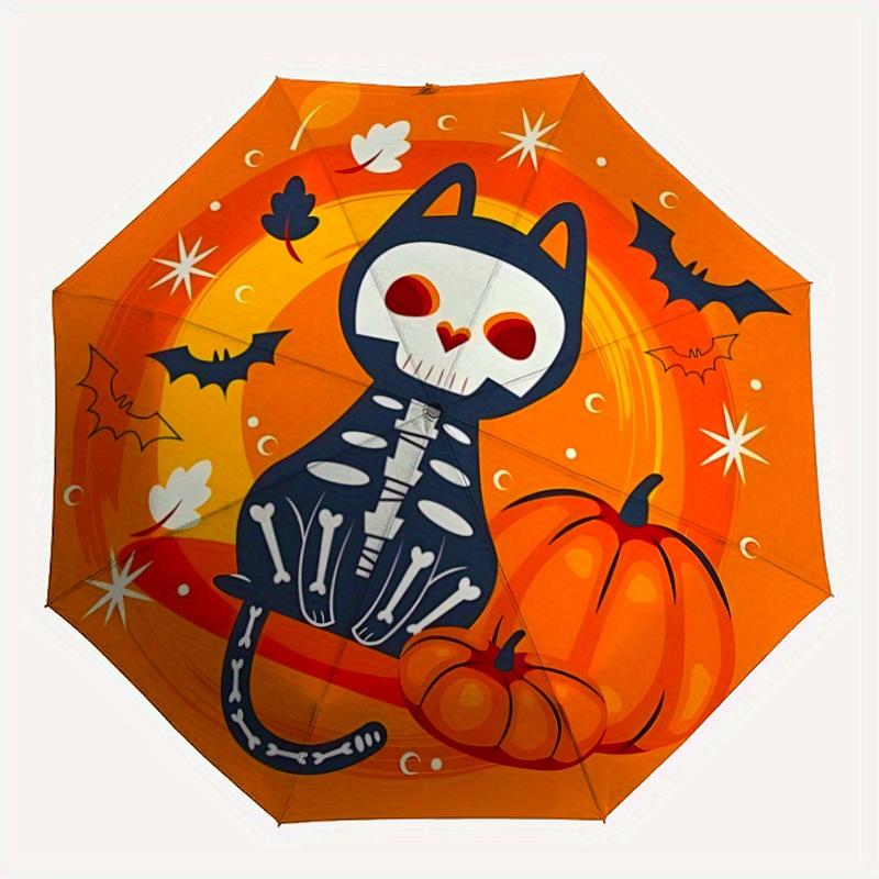 1pc Cat Skull Halloween Elements Fully Automatic Folding Portable Umbrella, 8 Iron Frames, Three-Fold Design, Suitable for All Seasons, Suit