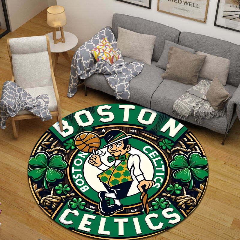 Round Area Carpet Boston Celtics Basketball Leprechaun Shamrock Logo Sports Fan Bedroom Decor