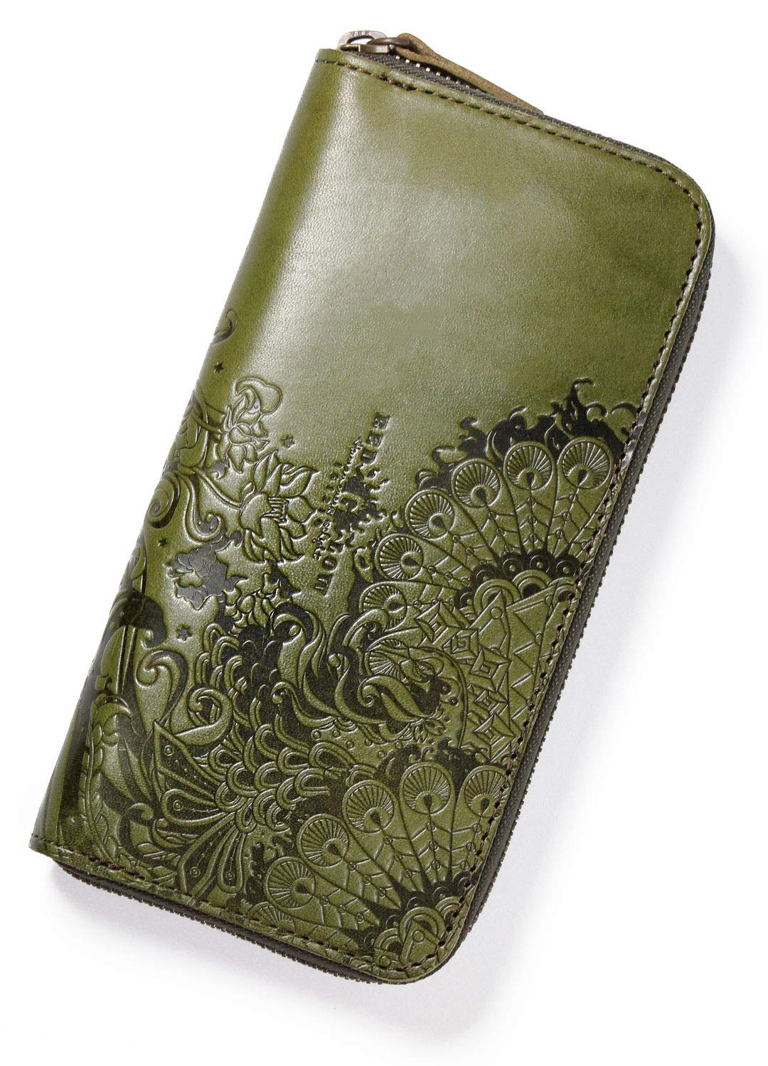 

Red Glow Men s Long Wallet, Made in Japan with Genuine Tochigi Leather, Round Zipper closure, Phoenix Japanese Pattern, RG-006, Khaki
