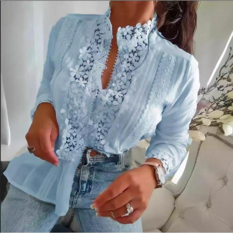 Spring Autumn Sweet Lace Stitching Women Shirt Loose Casual Office Blouse Long Sleeve Stand Collar Elegant Sexy Hollow Out Crochet Top Simple Clothes