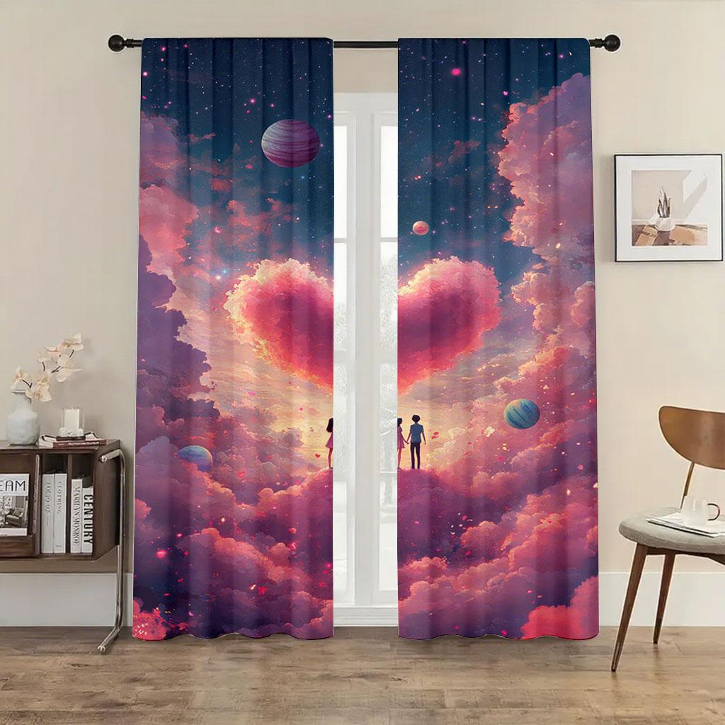 2pcs Dreamy Cosmic Couple & Heart Cloud Curtains   Perfect for Valentine's Day/Fantasy Window Decor  Rod Pocket Curtains