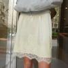 New Summer Lace Spliced Satin Mini Skirt For Women Cream Scalloped Trim Skirts For Girls