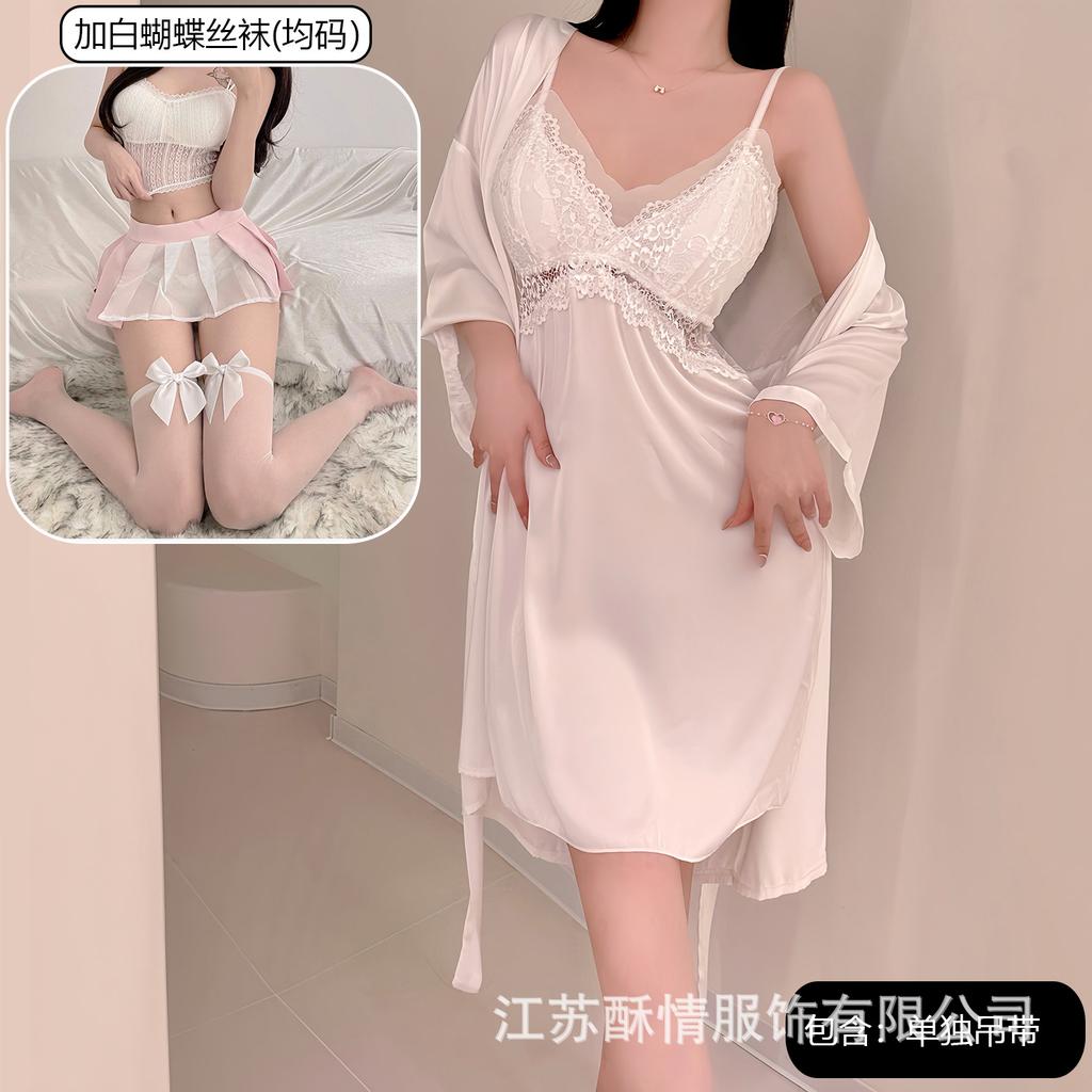 Spring and Summer Sexy Nightdress Lace Temptation V-neck Gathering Ice Silk Suspender Nightdress Backless Chest Pad Suspender Nightdress Set