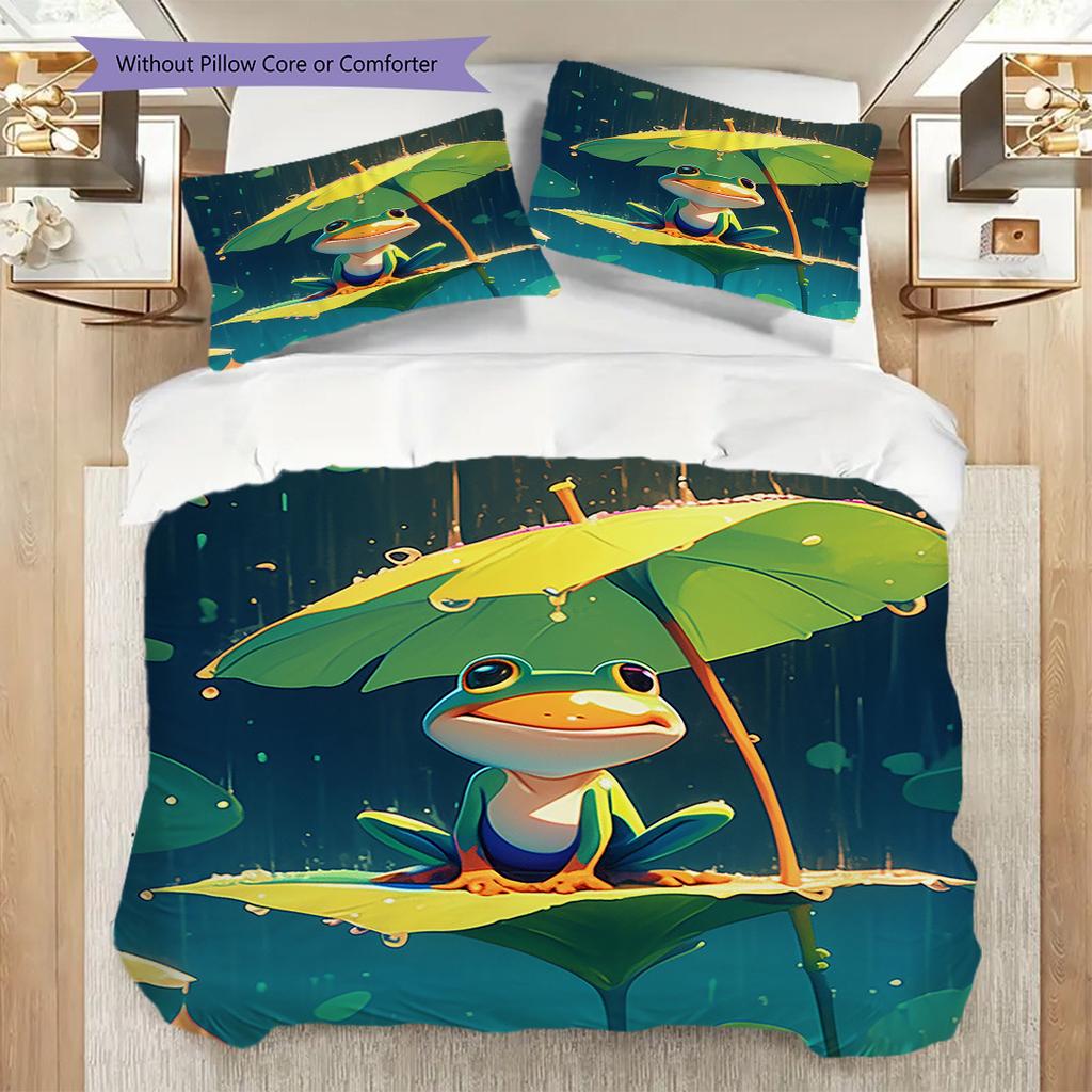 Frog Pattern Bedding Quilt Set Quilt Cover Pillowcase Home Decoration Birthday Gift (1 * Duvet Cover + 2 * Pillowcase, Without Core)