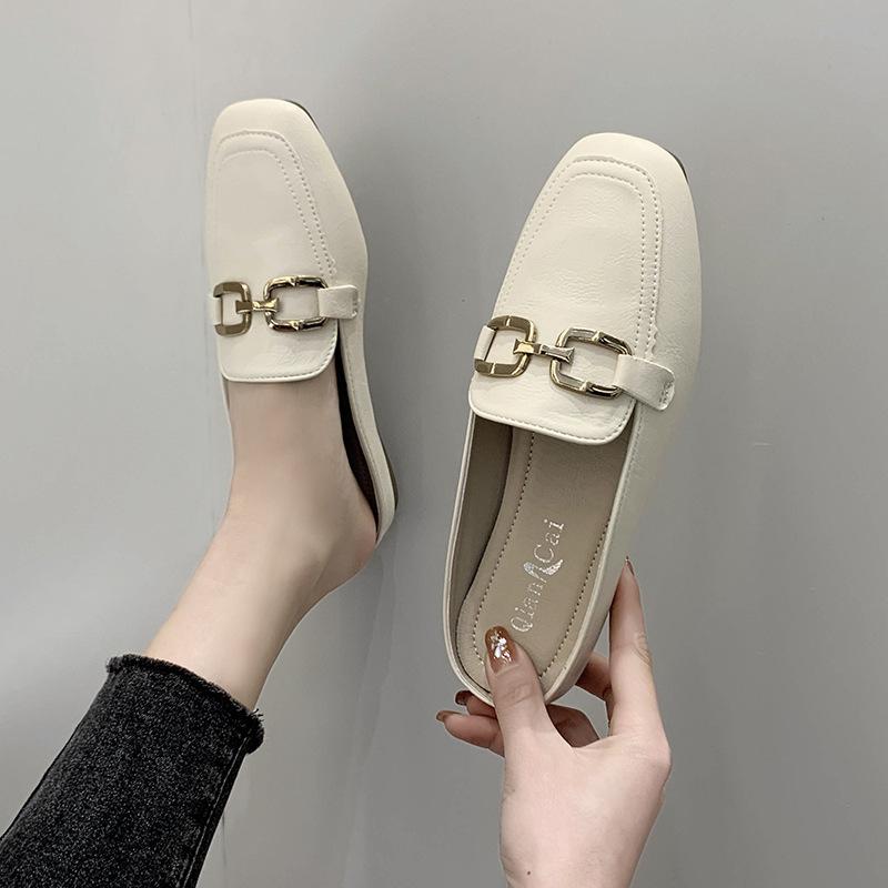 Internet celebrity bag head half slippers women's summer wear new lazy square head flat bottom half tray women's shoes