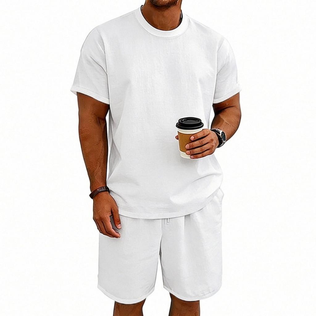 Men's Color Sports Casual Round Neck Short Sleeve Shorts Set