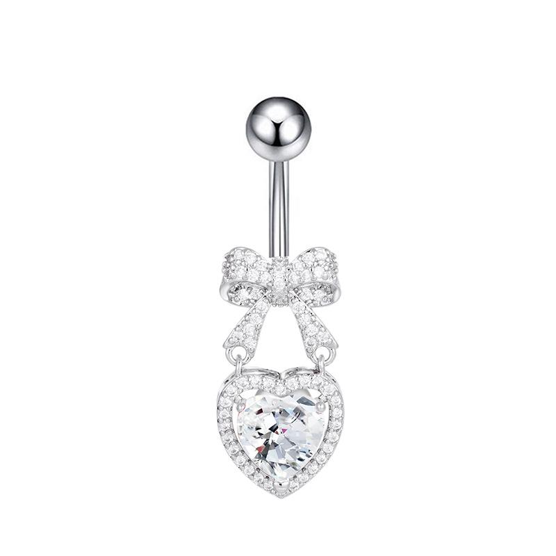 Stainless Steel Hypoallergenic Navel Belly Button Rings Cute CZ Heart Bow Decor Body Jewelry for Summer Beach Wear