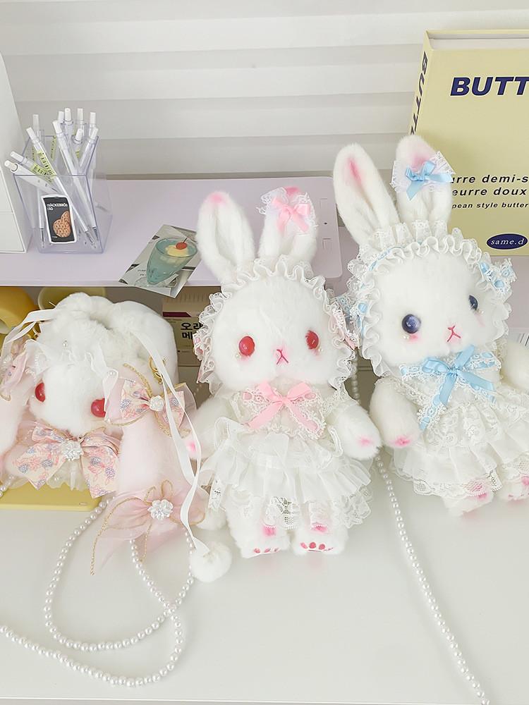 Japanese Lolita Bunny Plush Bag With Pearl Chain For Daily Fashion And Cute Storage