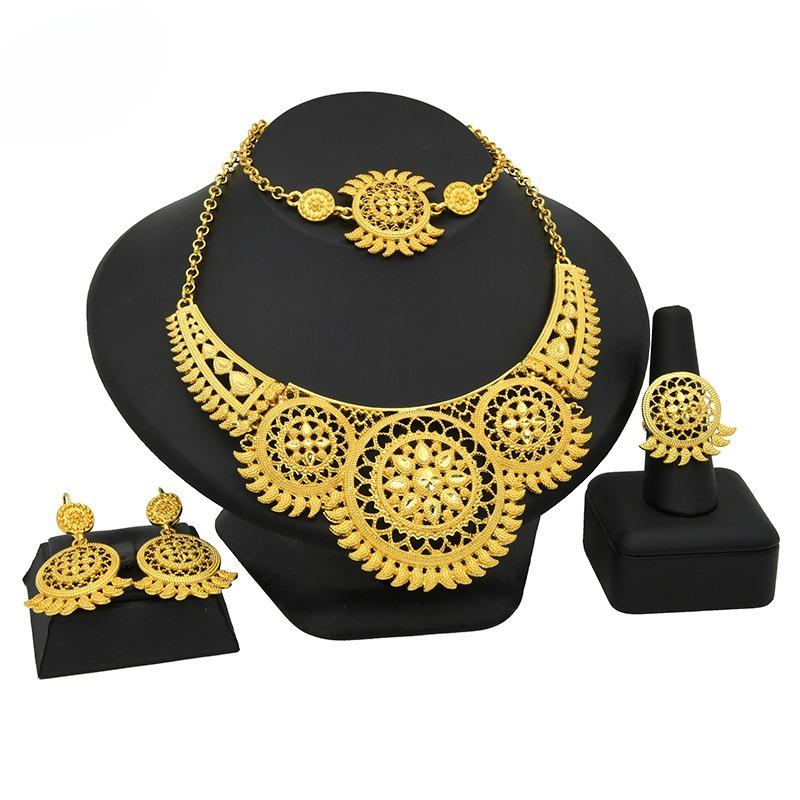 2026 Nigeria Dubai 24K Gold Jewelry Set Bridal Necklace Bracelet Earrings Ring Four-piece Set