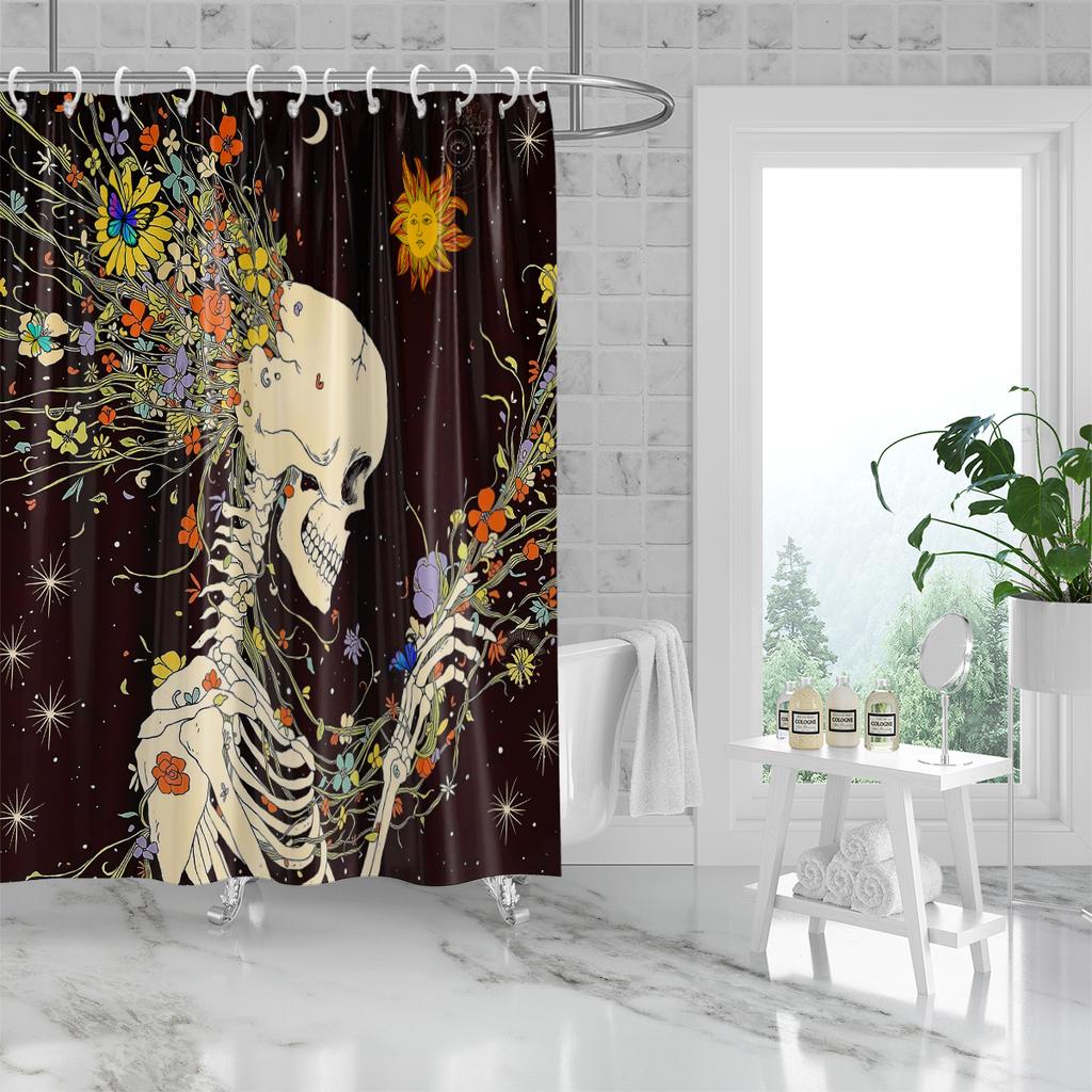 1pc Halloween Skull Print Waterproof Shower Partition Privacy Hanging Curtain with 12 Hooks Multiple Sizes Machine Washable