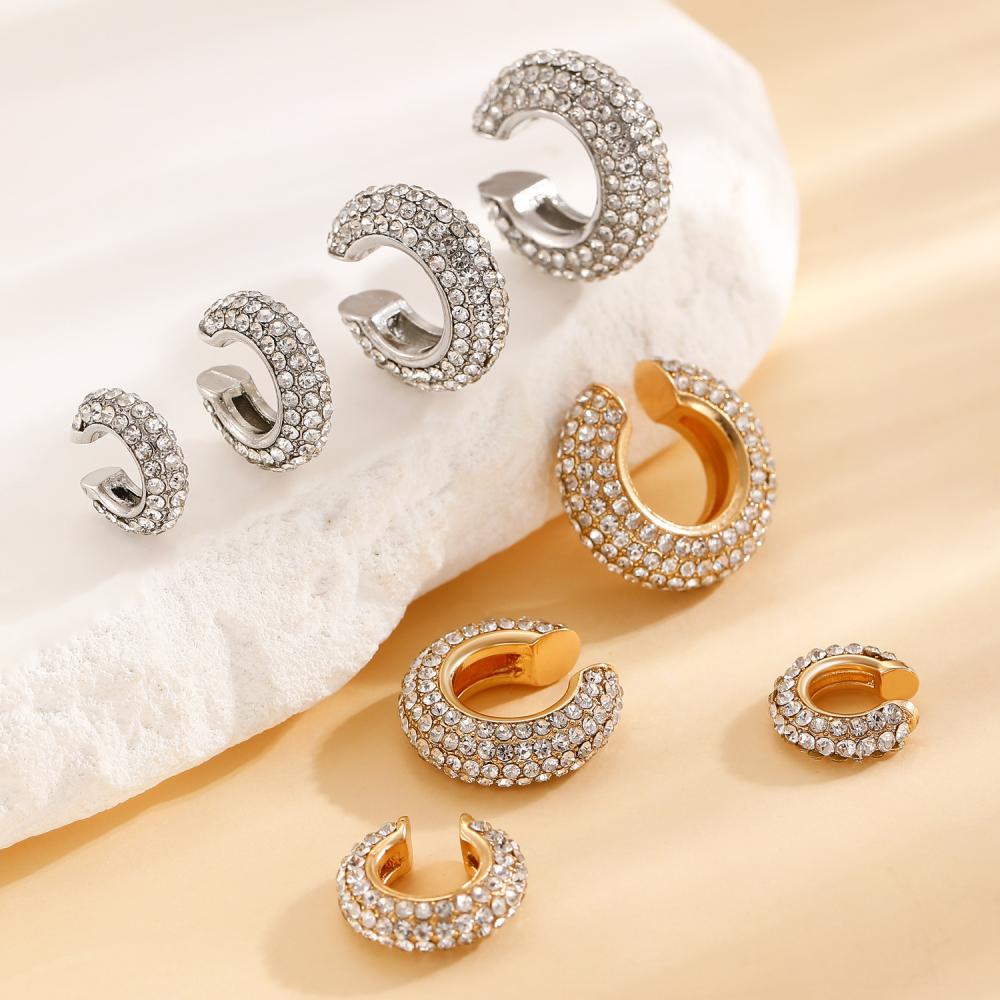 Punk Rhinestones C-Shape Ear Clips for Women Bohemian Ear Cuff Luxury Clip On Earring Female Jewelry Personality Accessories