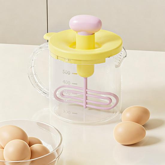 Press Egg Beater, Manual Push Down Mixer for Baking, 500ml Measuring Cup with Whisk, Multifunctional Stirrer for Pancake Milk