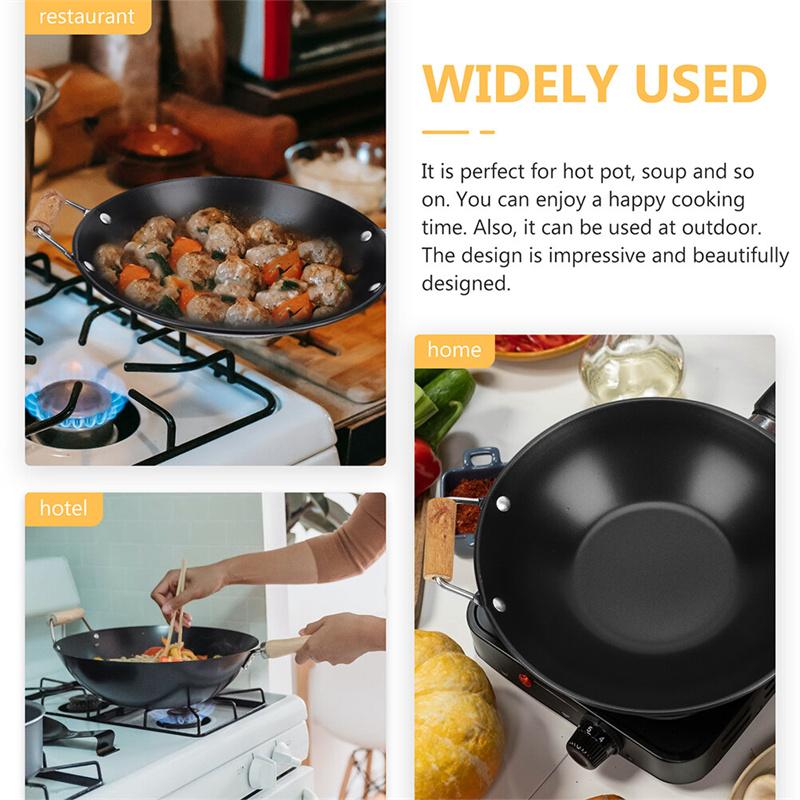 Stainless Steel Griddle Induction Frying Pan Cooking Thickened Dry Pot Wooden Individual Handle Kitchen Supply Double Ear