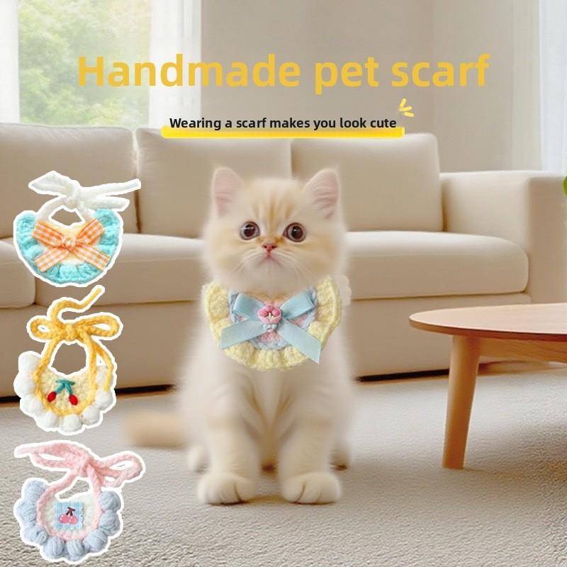 Pet Wet Towel with Cartoonish Cute Cat Pattern, Knitted Collar for Dogs, Dog Bib Wet Towel, Adjustable Loose Fit