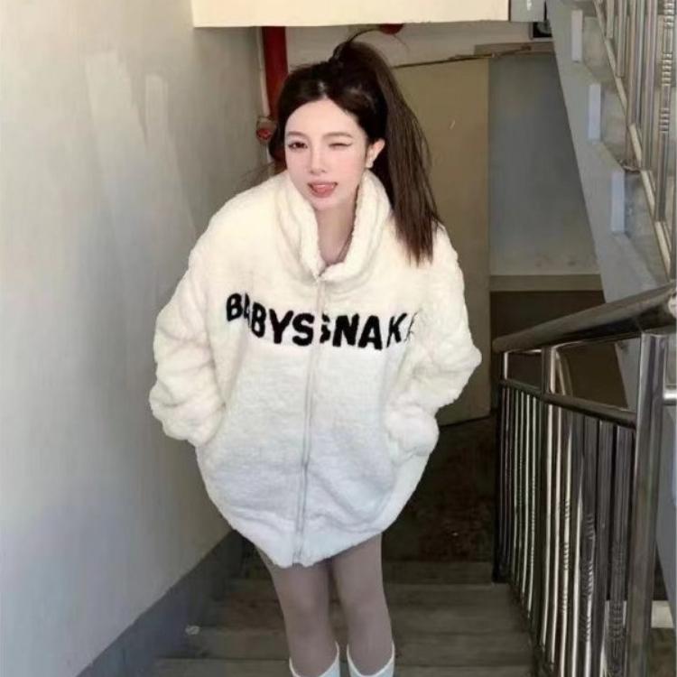 Korejská móda Letter Výšivka Lamb Fleece Coat Mikina Dámské Top Vintage Streetwear mikina na zip Oversized Dámská