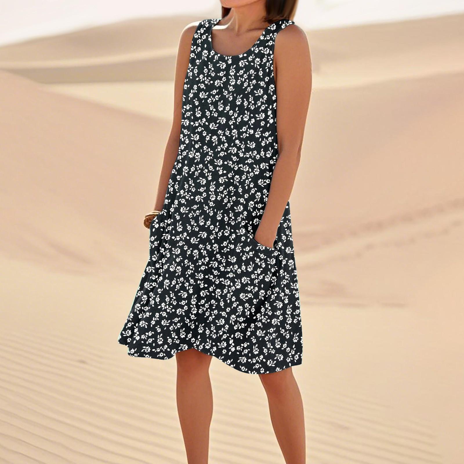 Women s Casual Summer Floral Print Sleeveless Pocket Dress L