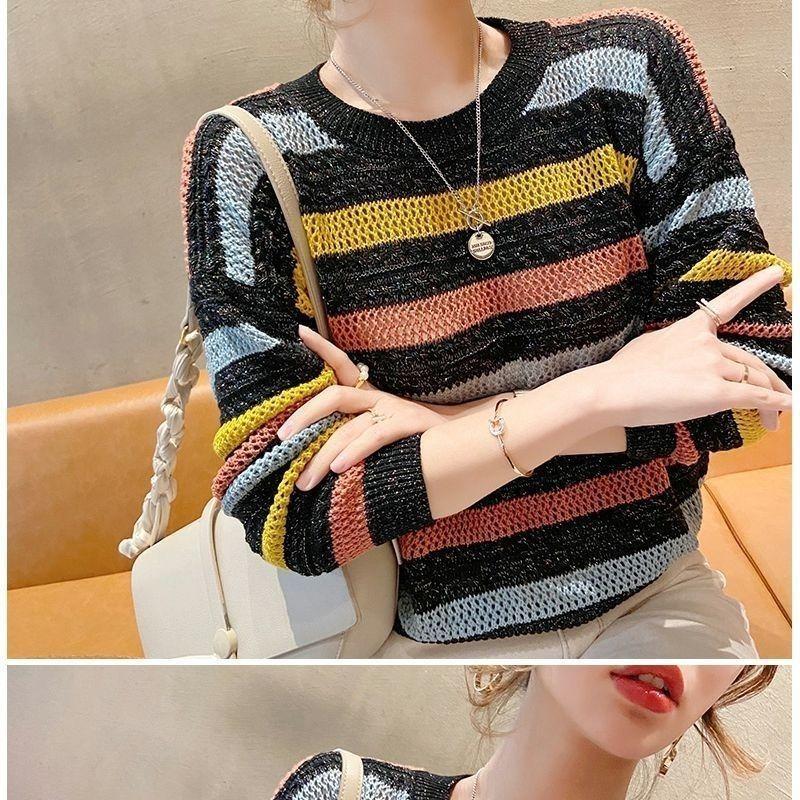 Maglione da Donna Largo Moda Coreana Lavorato a Maglia Autunno Primavera Pullover a Righe Traforato Streetwear Girocollo Abbigliamento Femminile