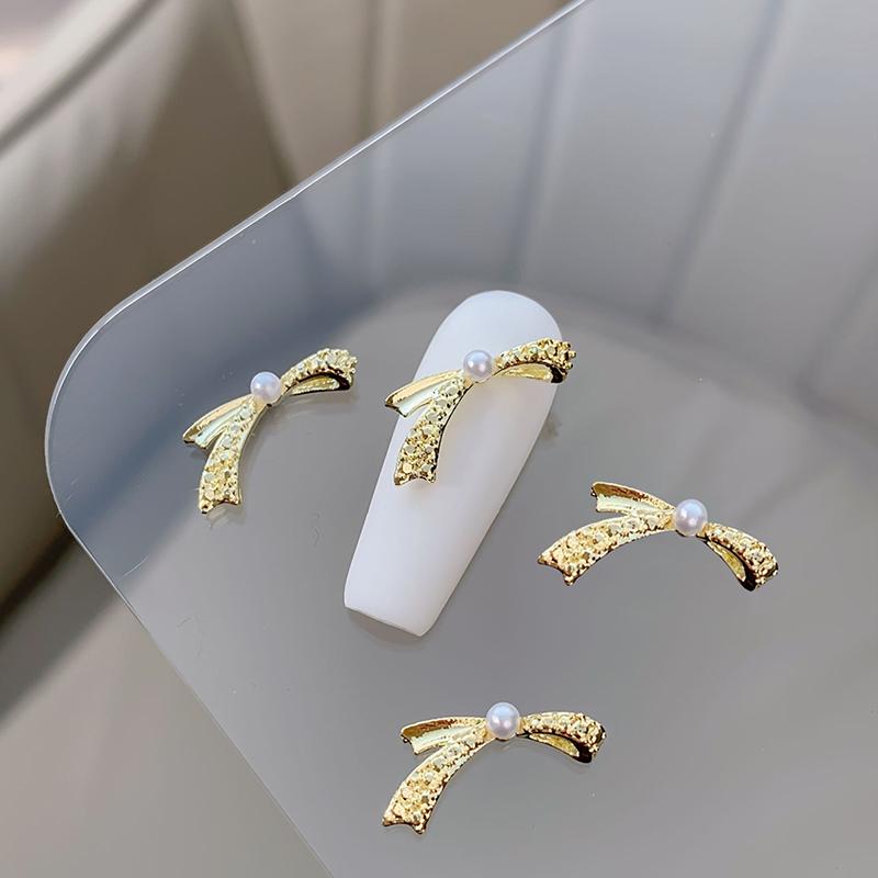 5Pcs Vintage Simple Mini Gold And Silver Bow Pearl Inlaid Bowknot Alloy Nail Art Design  Decorations Manicure Charms