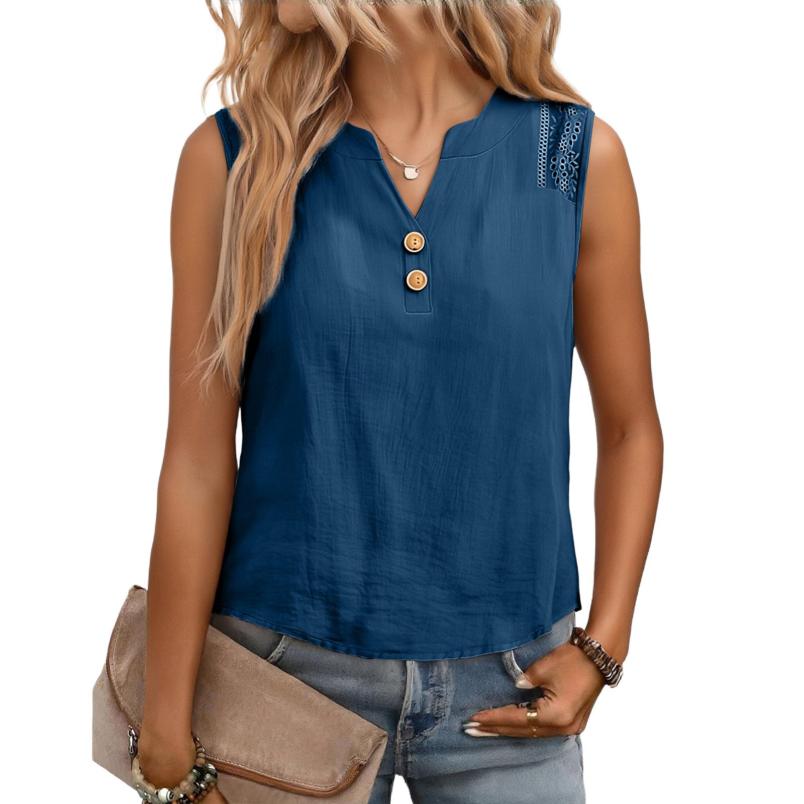 Women s Floral Sleeveless Linen Casual Shirt Top L тёмно-синий